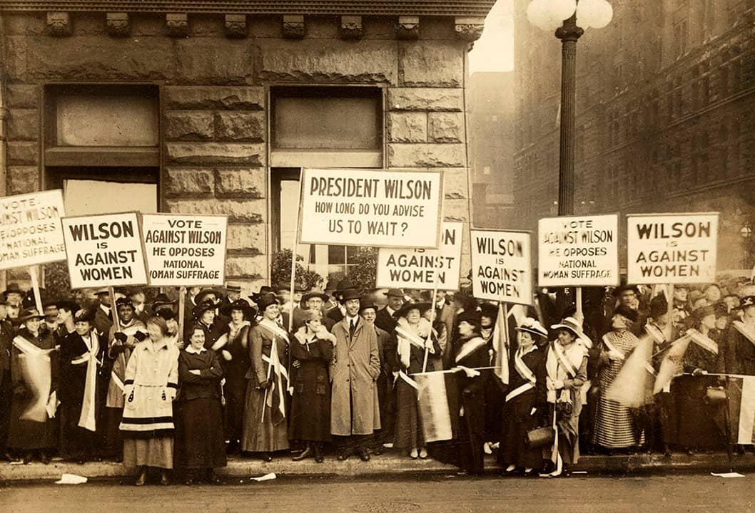 A 1916 photograph of suffragists demonstrating against U.S. President Woodrow Wilson, Chicago, Illinois, USA, Burke & Atwell, October 1916 Suffragists demonstrating against U.S. President Woodrow Wilson, Chicago, Illinois, USA, Burke & Atwell.